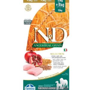 Farmina N&D dog AG SELECTION adult medium & maxi, chicken, spelt, oats & pomegranate 12 kg + 3 kg