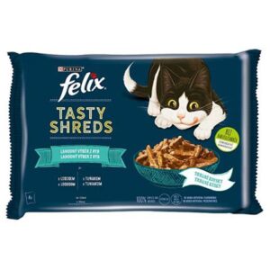 Nestlé FELIX Tasty shreds cat Multipack losos&tuniak v šťave kapsička 4x80 g
