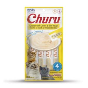 Pamlsok Inaba Churu Pyré cat Kura so syrom a hovädzím mäsom 4 tuby 56 g